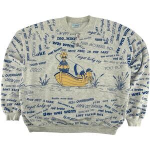 VTG 1988 Womens Grey Blue Art Unlimited Fishing Lake AOP Crewneck Sweatshirt XXL